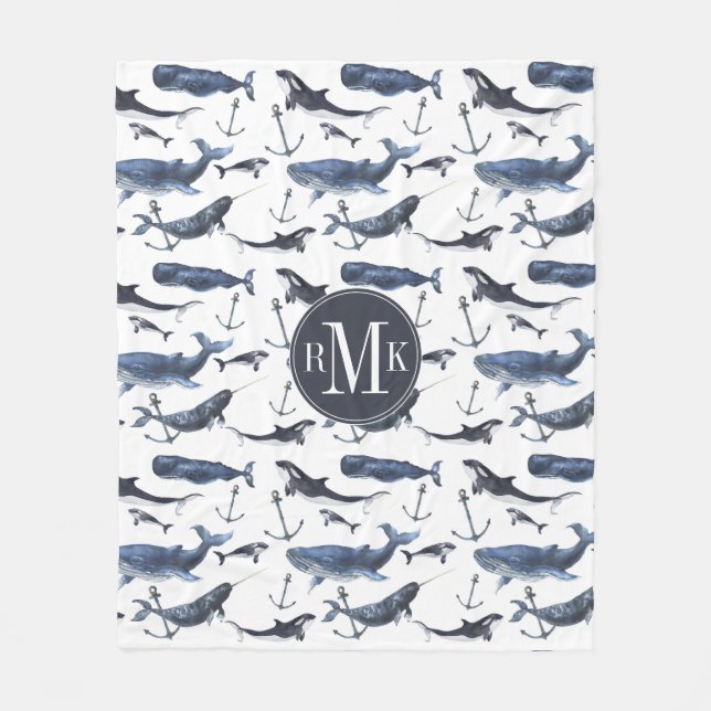 Watercolor Whale & Anchor Pattern Fleece Blanket (Front)