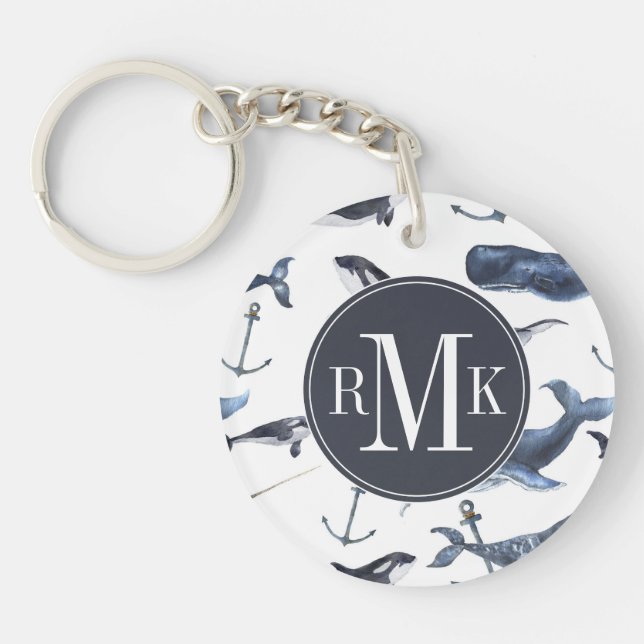 Watercolor Whale & Anchor Pattern Keychain (Front)
