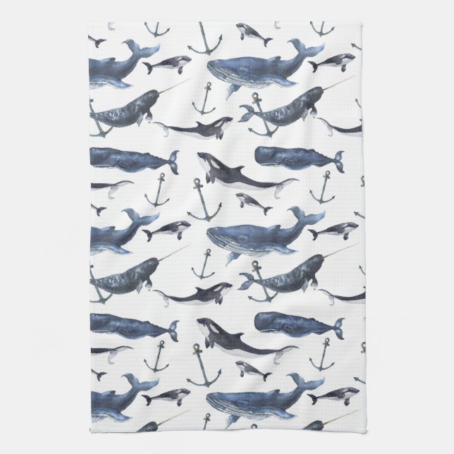 Watercolor Whale & Anchor Pattern Kitchen Towel (Vertical)