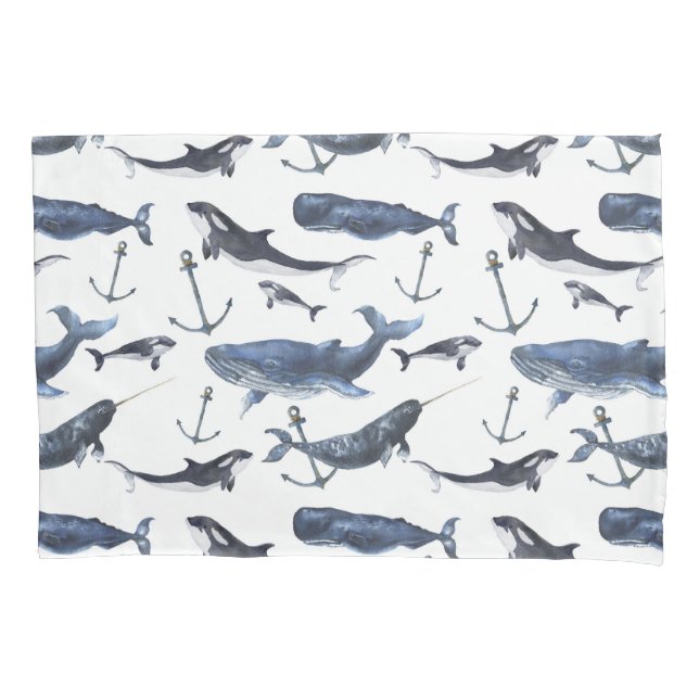 Watercolor Whale & Anchor Pattern Pillowcase (Front-Left)