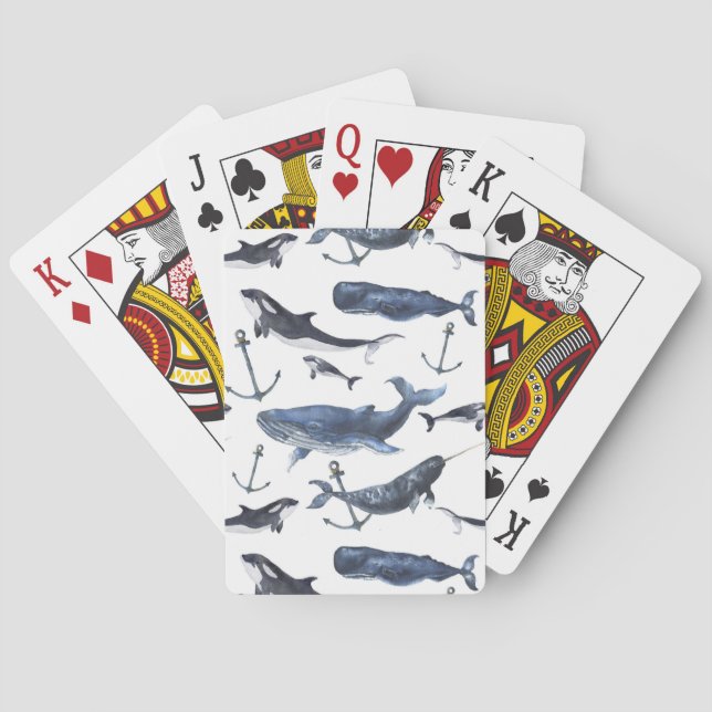 Watercolor Whale & Anchor Pattern Playing Cards (Back)