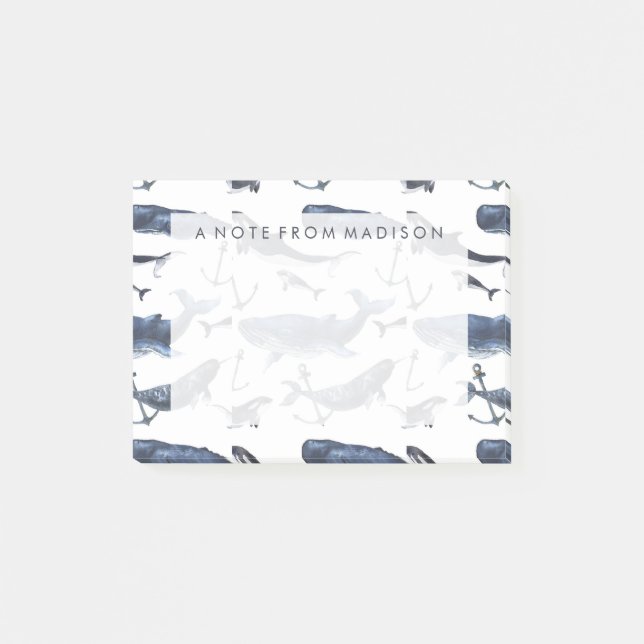 Watercolor Whale & Anchor Pattern Post-it Notes (Front)