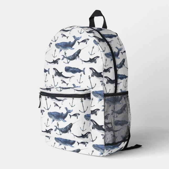 Watercolor Whale & Anchor Pattern Printed Backpack (Back Corner Right)