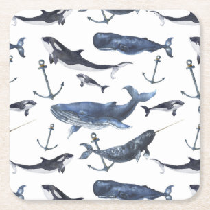Watercolor Whale & Anchor Pattern Square Paper Coaster