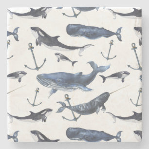 Watercolor Whale & Anchor Pattern Stone Coaster