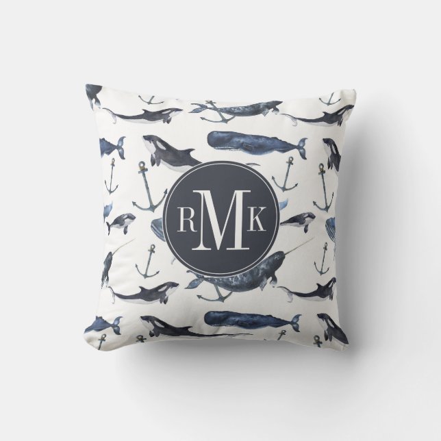Watercolor Whale & Anchor Pattern Throw Pillow (Front)
