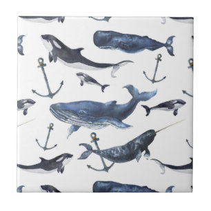 Watercolor Whale & Anchor Pattern Tile