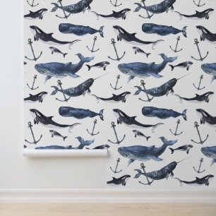 Watercolor Whale & Anchor Pattern Wallpaper