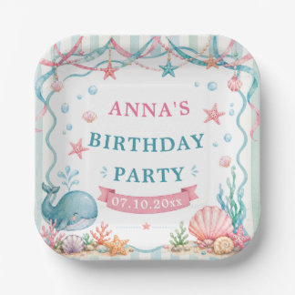 Watercolor Whale Birthday Party Paper Plate