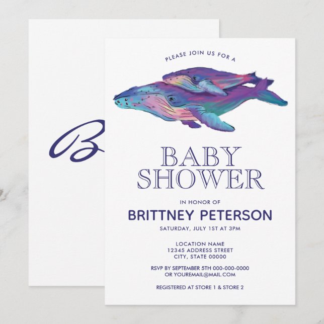 Watercolor Whale Boy's Baby shower Invitation (Devant / Derrière)