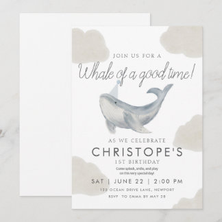Watercolor Whale First Birthday Invitation