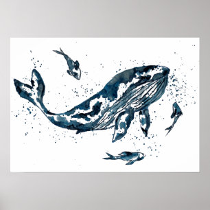 Watercolor Whale in Blue Poster