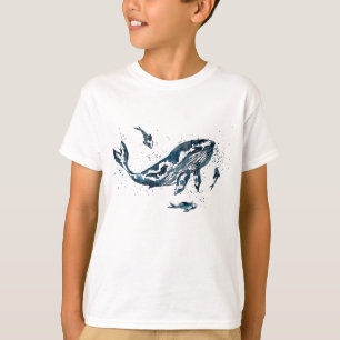 Watercolor Whale in Blue T-Shirt for Kids