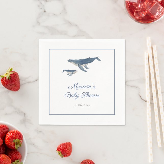 Watercolor Whale Mom And Calf Baby Shower Party Napkin (Insitu)
