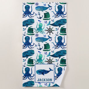 Watercolor Whale Octopus Pattern Kids Nautical Beach Towel