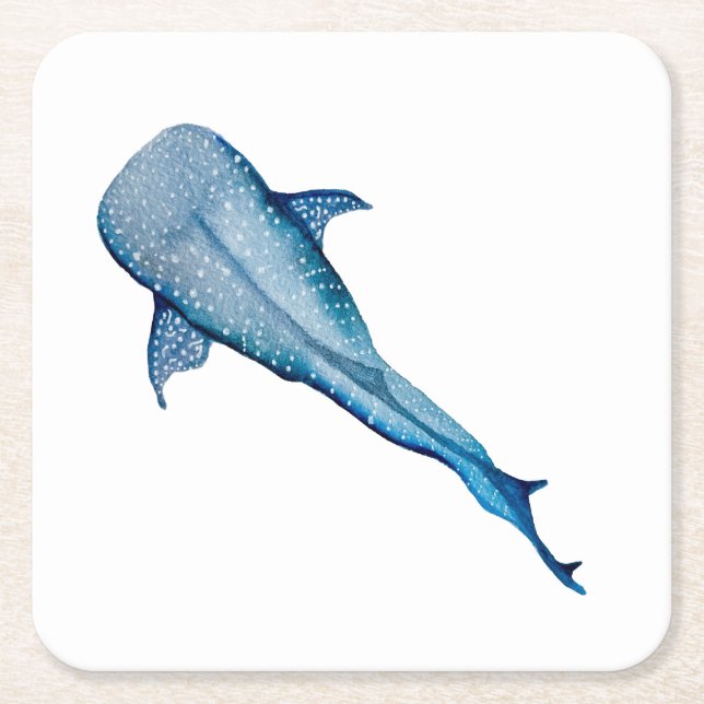 Watercolor whale shark square paper coaster (Front)