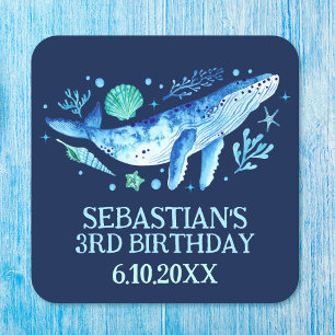 Watercolor Whale Under the Sea Party Navy Blue Square Paper Coaster