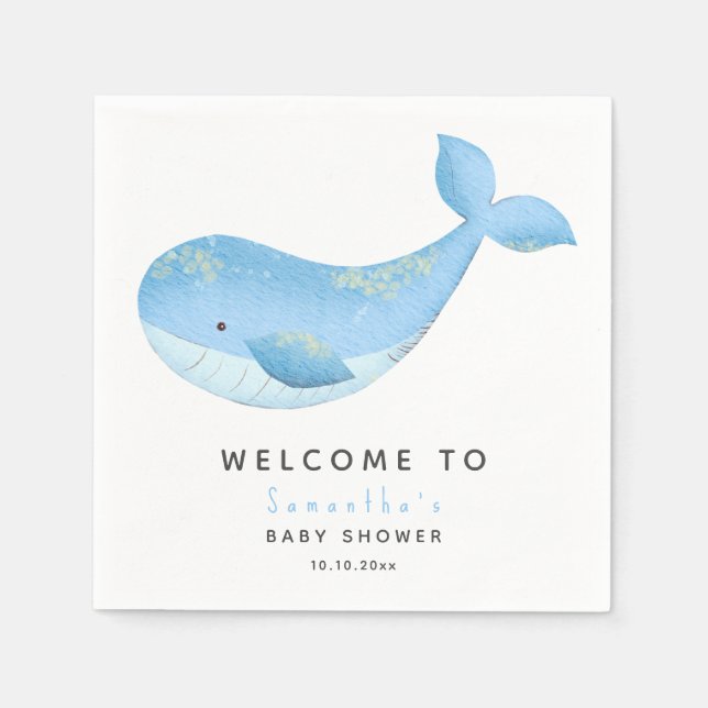 Watercolor whale welcome to baby shower napkin (Front)
