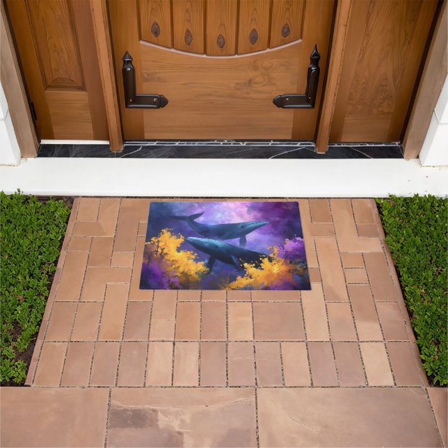 Watercolor Whales Abstract Ocean Garden Doormat (Outdoor)