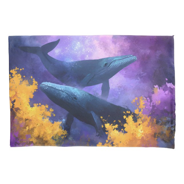 Watercolor Whales Abstract Ocean Garden Pillowcase (Front)
