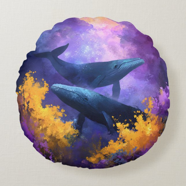 Watercolor Whales Abstract Ocean Garden Round Pillow (Front)