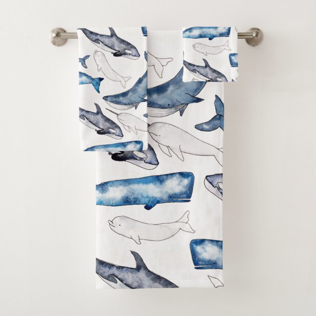 Watercolor Whales Bath Towel Set (Insitu)