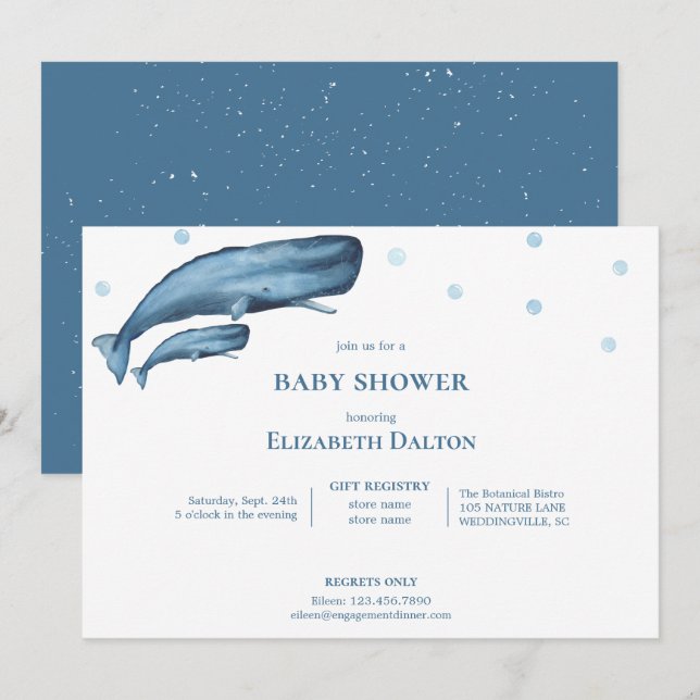 Watercolor Whales Ocean Baby Shower Invitation (Front/Back)