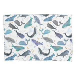 Watercolor Whales Ocean Fish Gold Blue Pillowcase