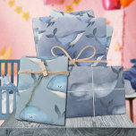 Watercolor Whales Under The Deep Blue Ocean Wrapping Paper Sheet<br><div class="desc">Watercolor painted whales wrapping paper featuring three different blue whales on ombre blue watercolor underwater backgrounds.</div>
