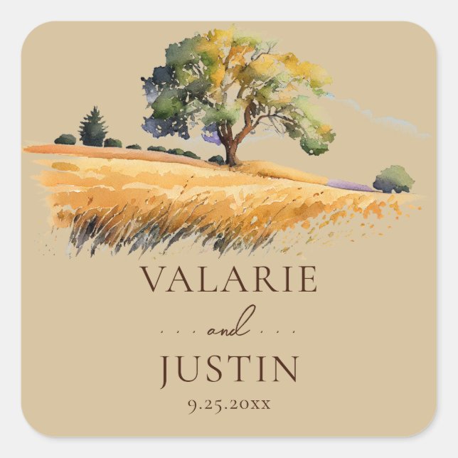 Watercolor Wheat Outdoor Wedding  Square Sticker (Front)
