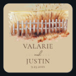 Watercolor Wheat Western Wedding  Square Sticker<br><div class="desc">Watercolor Wheat Field Western Wedding. Script font highlights with easy to read serif name font. Easy to adjust for your own wedding needs. Personalized wedding supplies. Rustic Outdoor Wedding.</div>