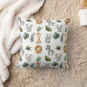 Watercolor Whimsical Adorable Baby Safari Animals Throw Pillow