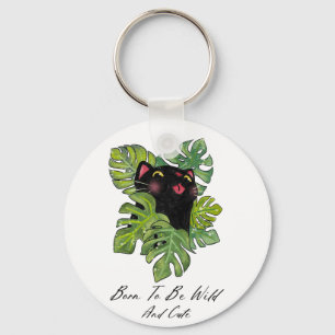 Watercolor Whimsical Black Cat And Monstera Keychain