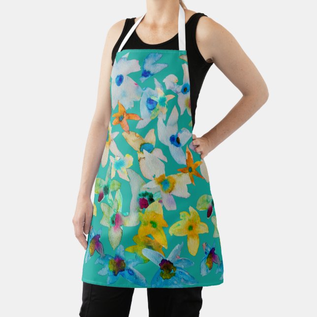 Watercolor whimsical blue flowers apron (Insitu)