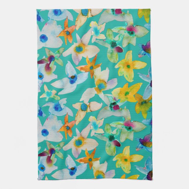 Watercolor whimsical blue flowers kitchen towel (Vertical)