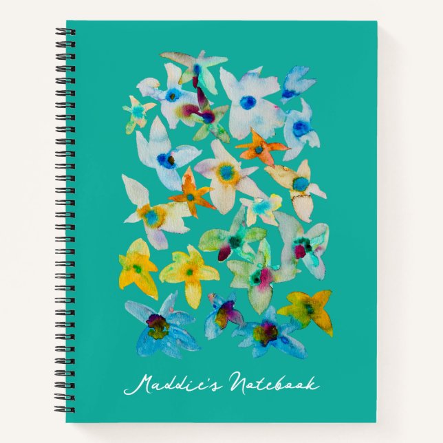 Watercolor whimsical blue flowers notebook (Front)