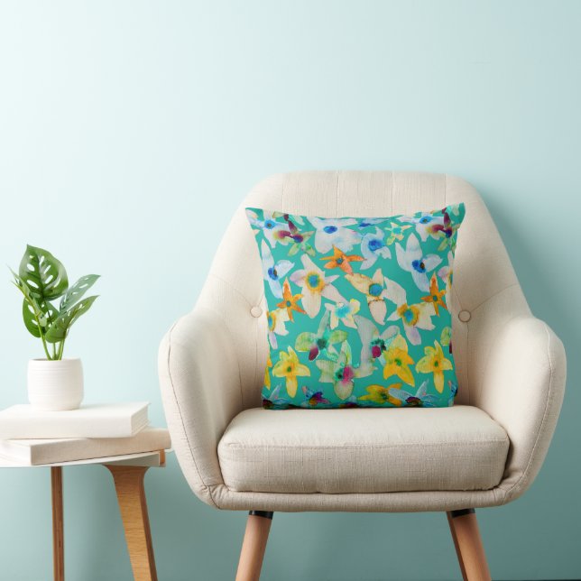 Watercolor whimsical blue flowers throw pillow (Chair)