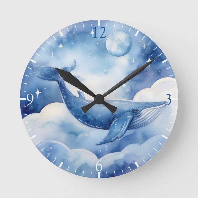 Watercolor Whimsical Blue Whale Round Clock (Front)