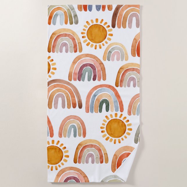 Watercolor Whimsical Boho Rainbow and Sun Kids  Beach Towel (Front)