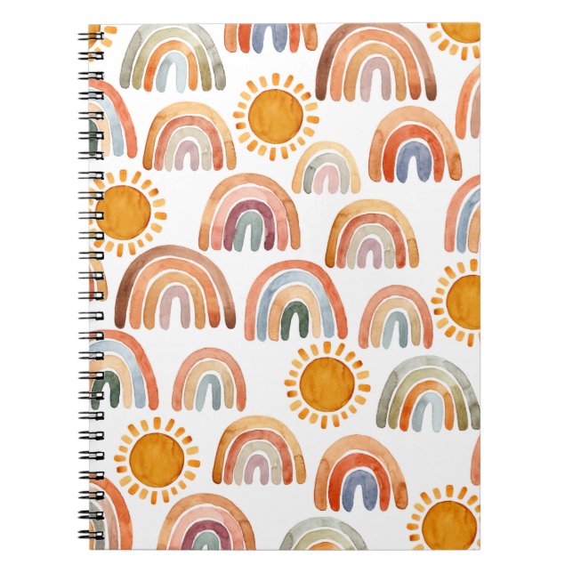 Watercolor Whimsical Boho Rainbow and Sun Kids  Notebook (Front)