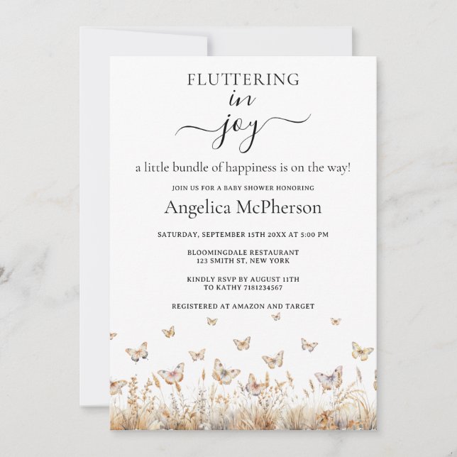WATERCOLOR WHIMSICAL BUTTERFLIES WILDFLOWER BORDER INVITATION (Front)