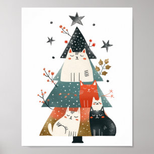 Watercolor Whimsical Cats Christmas Tree Poster