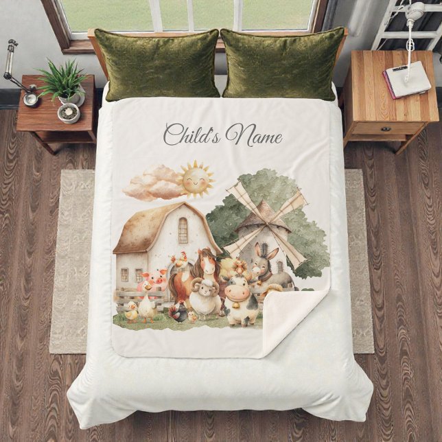 Watercolor Whimsical Farm Animals Sherpa Blanket (Creator Uploaded)