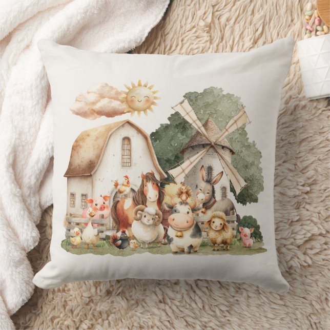 Watercolor Whimsical Farm Animals Throw Pillow (Blanket)