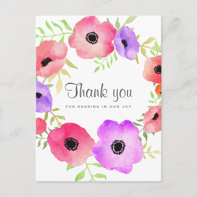 Watercolor Whimsical Flowers Wedding Thank You Postcard (Front)