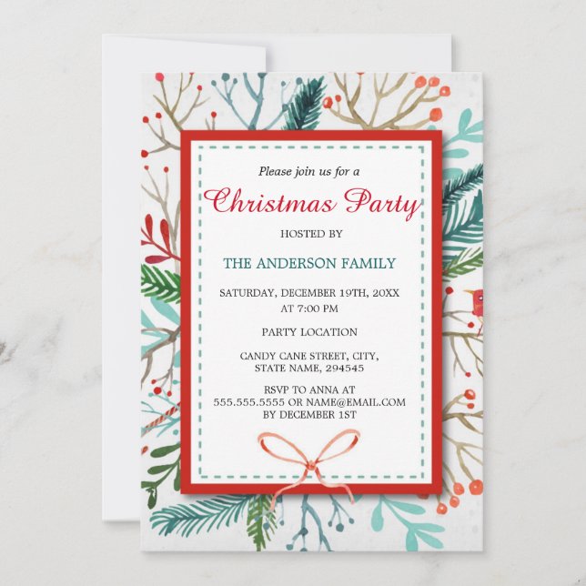 Watercolor Whimsical Forest Christmas Party Invite (Front)
