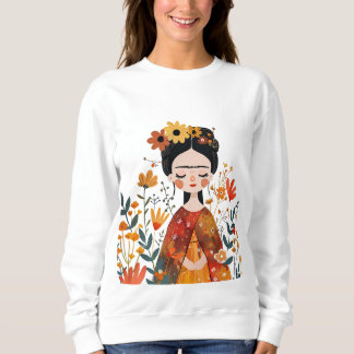 Watercolor Whimsical Frida Kahlo with Flowers Sweatshirt