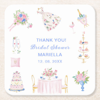    Watercolor whimsical hand drawn bridal shower Square Paper Coaster