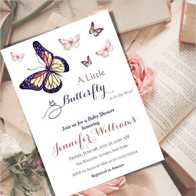 Watercolor Whimsical Purple Butterfly Baby Shower Invitation (Creator Uploaded)