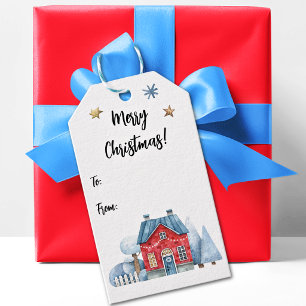 Watercolor Whimsical Red House Snow Trees To-From Gift Tags